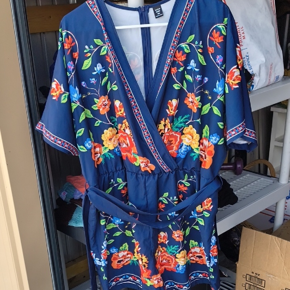 SHEIN Floral Embroidered Jumpsuit - Navy and Multicolor